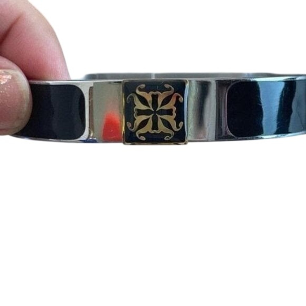 Rustic Cuff Bangle Black Silver Gold Filigree Ena… - image 2